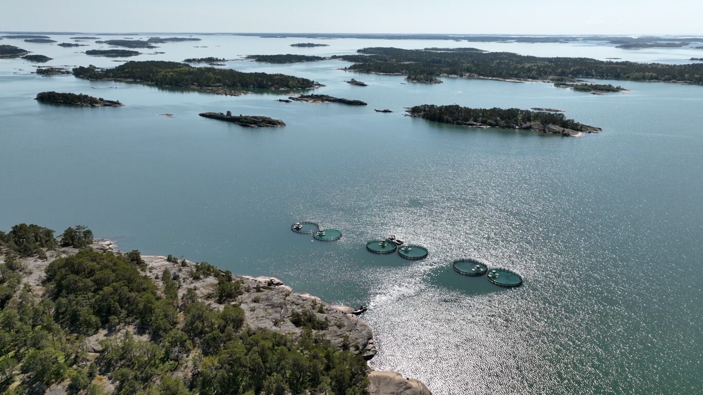 Ilmakuva saaristosta, jossa luotojen keskellä on pyöreitä kalankasvatusaltaita